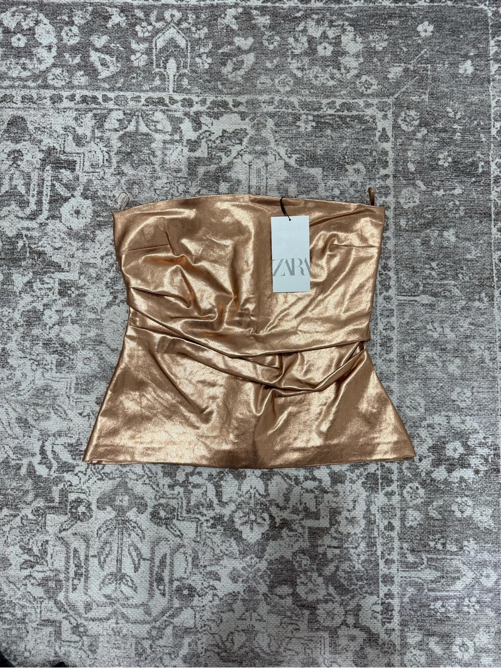 NWT ZARA Metallic Rose Gold Strapless Peplum Top